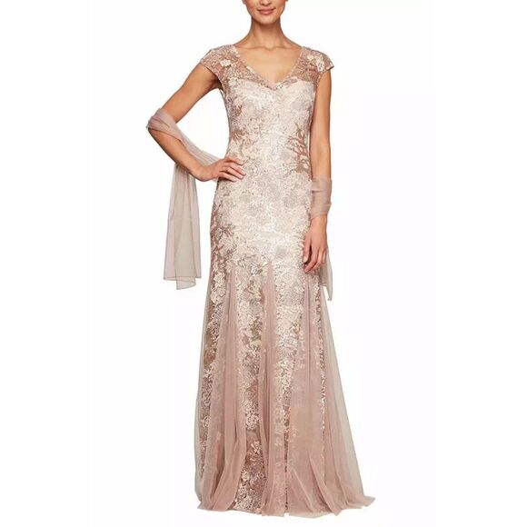 Alex Evenings Women's Long V Neck Fit and Flare Dress w/ Shawl Rose Gold Size 12 - Picture 1 of 12